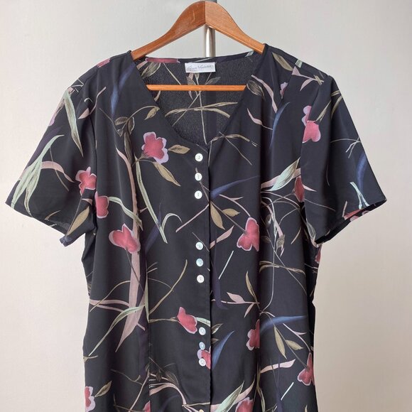 🍂90s Vintage Black Purple  Floral Maxi Dress Short Sleeves Mother-of-Pearl - Picture 2 of 7